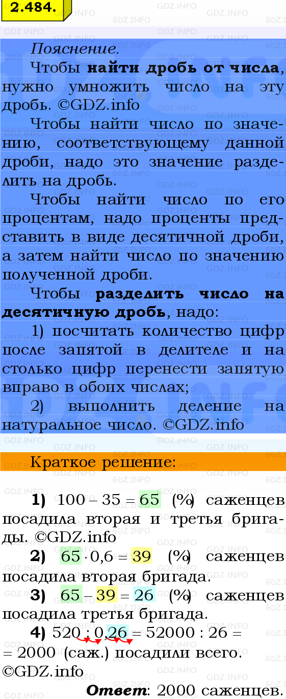 Фото решения 2: Номер №2.484, Часть 1 из ГДЗ по Математике 6 класс: Виленкин Н.Я. 2024г.