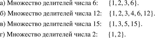 Изображение Запишите множество всех натуральных чисел, на которые делится число: а) 6;   б) 12;   в) 15;   г)...