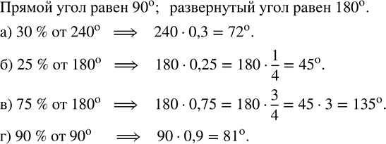 Изображение Чему равен угол, если его градусная мера составляет: а) 30 % от 240°;   в) 75 % развёрнутого угла; б) 25 % от 180°;   г) 90 % прямого...