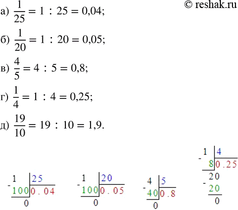 Изображение Выполните деление по образцу справа: а) 1/25;  б) 1/20;  в) 4/5;  г) 1/4;  д)...