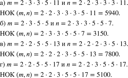 Изображение Найдите НОК (m, n), если: а) m = 2 · 3 · 3 · 5 · 11   и   n = 2 · 2 · 3 · 3 · 3 · 11;  б) m = 2 · 3 · 5 · 5        и   n = 2 · 3 · 3 · 5...