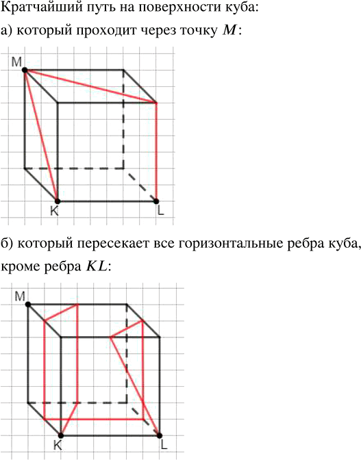 Изображение Развивай воображение. Найдите кратчайший путь на поверхности куба (рис. 36) в точку L из точки...