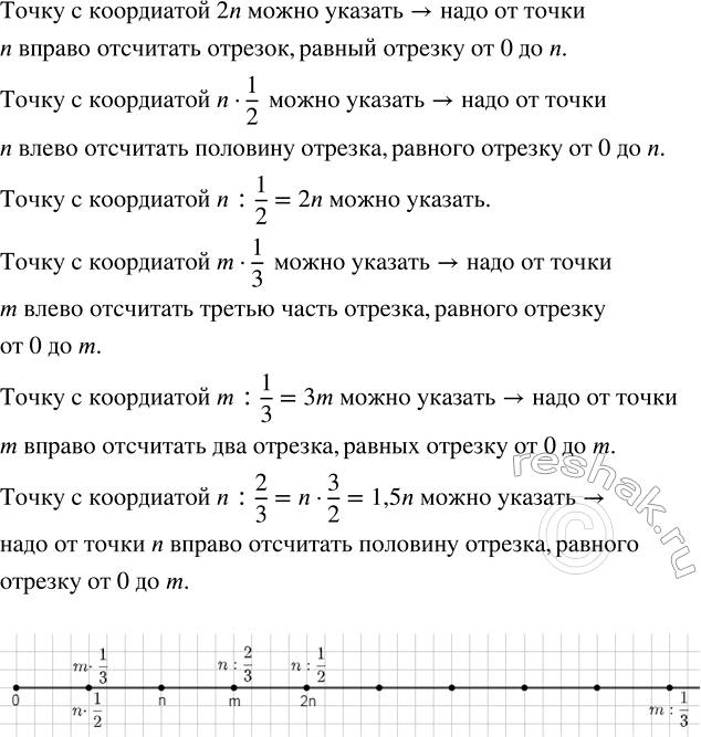 Изображение На координатном луче отмечены числа n и m (рис. 52). Можно ли указать на луче точку с координатой 2n; n · 1/2; n : 1/2; m · 1/3; m : 1/3; n :...
