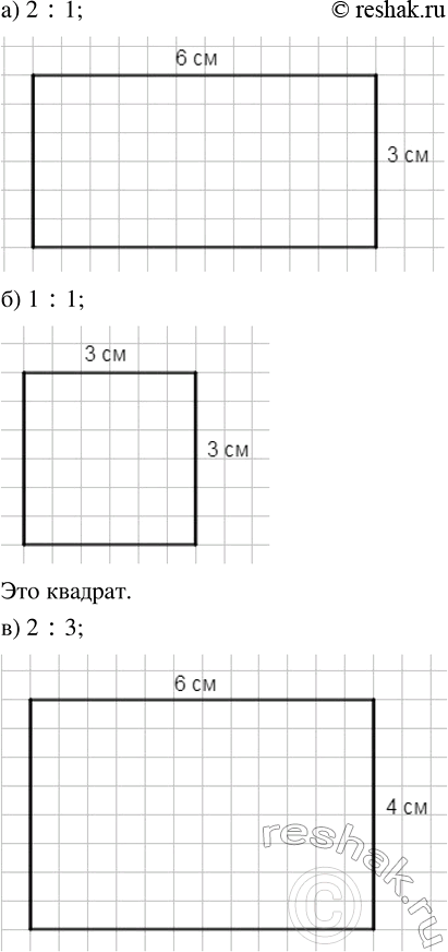 Изображение Начертите прямоугольники, отношение сторон которых равно: а) 2 : 1; б) 1 : 1; в) 2 : 3. Как называется прямоугольник в случае...