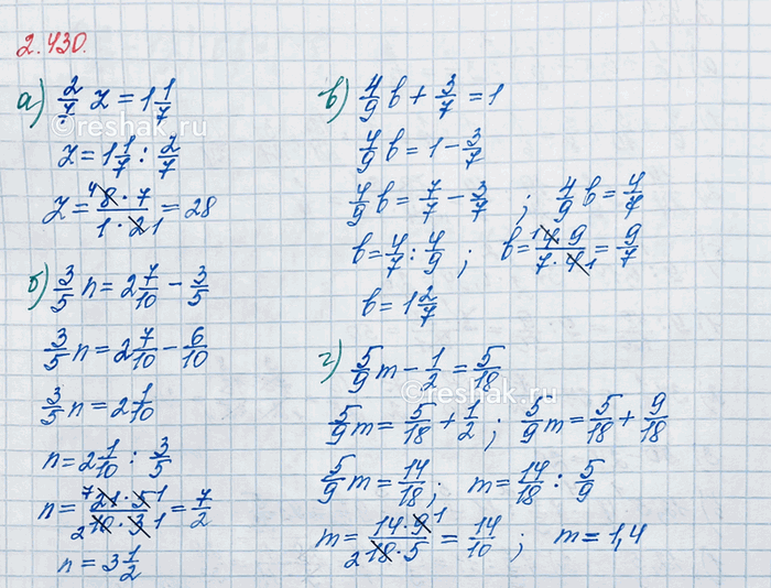 Изображение Выполните действия: а) (4/7 + 3/7) : 100;   б) (3/5 + 5/6) · 30/43;   в) (1 2/3 - 2/3) : 2/9;   г) (8/21 - 2/7) · 10 1/2.  При...
