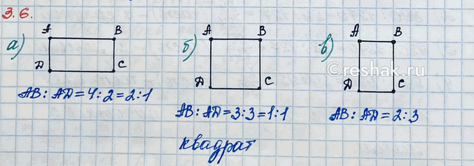 Изображение Начертите прямоугольники, отношение сторон которых равно: а) 2 : 1; б) 1 : 1; в) 2 : 3. Как называется прямоугольник в случае...
